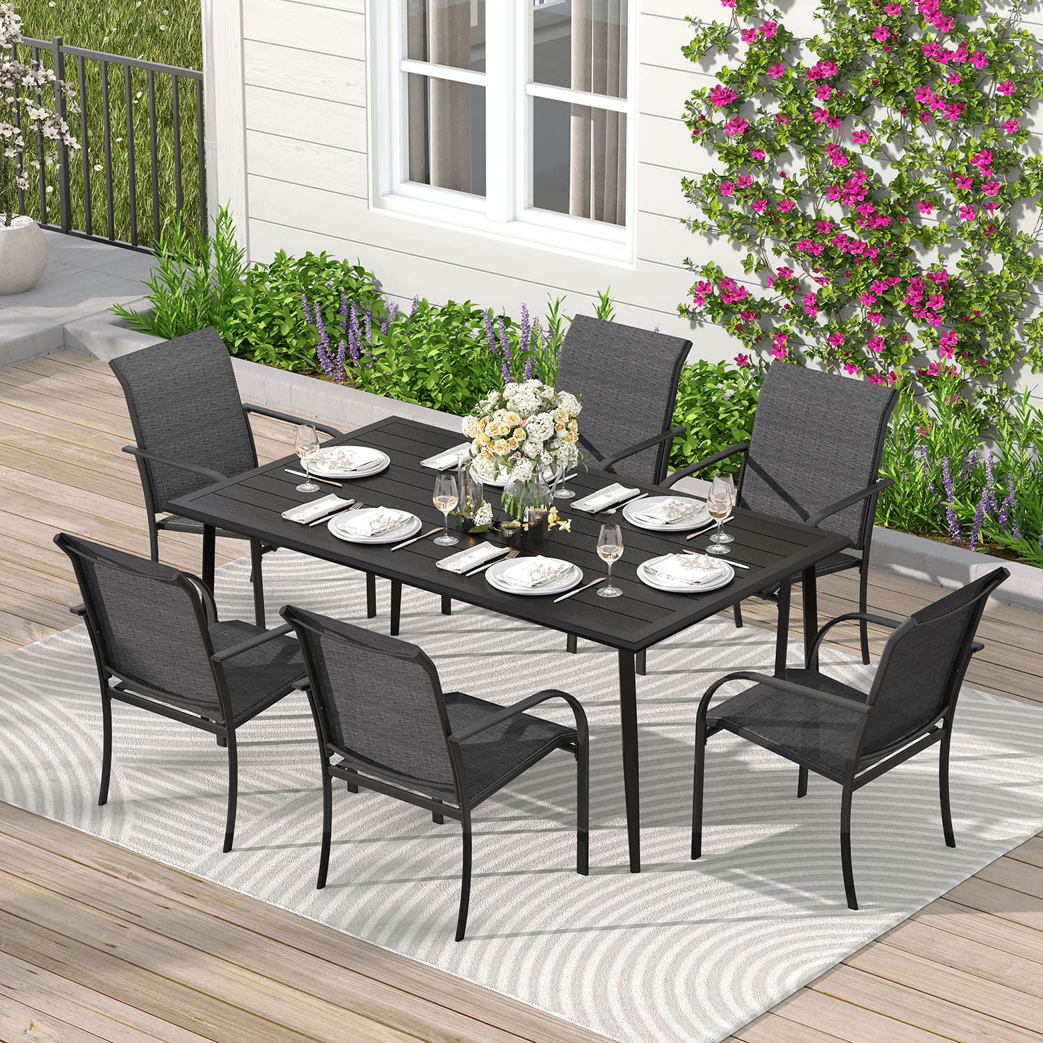Vicllax 5/7 Pieces Patio Dining Set, Outdoor Stackable Chairs and Black  Metal Table